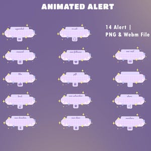 Op de afbeelding: Een verzameling van 14 lichtpaarse, wolkvormige alert-overlays voor digitale streaming, voorzien van gele steraccenten en kleine iconen. De tekst luidt ANIMATED ALERT en 14 Alert | PNG & Webm File, met labels zoals new follower en new subscriber.