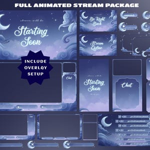 Può includere: Un pacchetto di overlay per streaming a tema cielo notturno con lune crescenti, stelle e nuvole in tonalità blu e viola. Il set include schermate con le scritte Starting Soon, Be Right Back, Stream Offline, oltre a riquadri chat e pannelli.