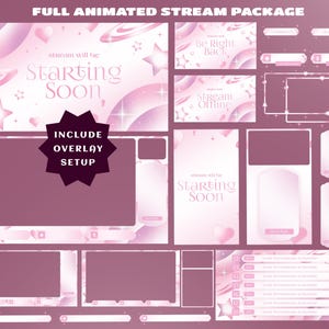 Puede incluir: Un paquete de streaming digital con un tema de degradado rosa y blanco y motivos celestiales que incluyen estrellas, corazones y planetas. El conjunto incluye varios overlays y pantallas con texto como Starting Soon, Be Right Back y Stream Offline.