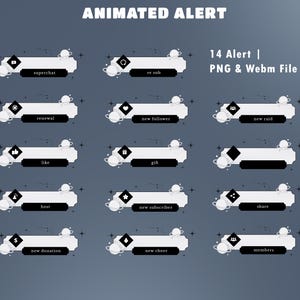 May include: A set of 14 animated alert overlays for digital streaming, featuring white rectangular banners with black diamond icons, planet graphics, and stars. Text labels include superchat, re sub, renewal, new follower, new raid, like, gift, host, new subscriber, share, new donation, new cheer, and members.