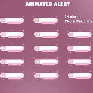 Op de afbeelding: Een set van 14 geanimeerde alert-overlays voor digitale streaming, met witte rechthoekige balken met roze accenten en sterpictogrammen. De tekst luidt ANIMATED ALERT, 14 Alert | PNG & Webm File, inclusief labels zoals new follower en gift.