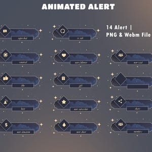 May include: A set of 14 dark blue rectangular alert banners with cloud patterns and gold star accents. Each banner features a diamond-shaped icon and text labels including superchat, re sub, renewal, new follower, new raid, like, gift, host, new subscriber, share, new donation, new cheer, and members.
