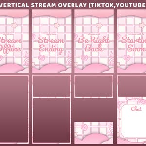 Puede incluir: Un conjunto de superposiciones de transmisión vertical para TikTok y YouTube con un patrón de cuadrícula rosa claro, bordes ondulados e iconos de estrellas y espirales. El texto incluye Stream Offline, Stream Ending, Be Right Back, Starting Soon y Chat.
