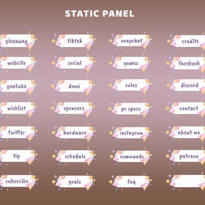 May include: A collection of rectangular static panel buttons for streaming, featuring a grid layout with pastel-colored decorative elements like stars and clouds. Each button contains text labels such as giveaway, tiktok, snapchat, credits, website, social, games, facebook, youtube, dono, rules, discord, wishlist, sponsors, pc specs, contact, twitter, hardware, instagram, about me, tip, schedule, commands, patreon, subscribe, goals, and faq.