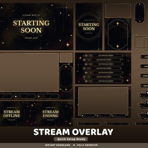 Könnte beinhalten: Ein digitales Stream-Overlay-Set mit dunklem Hintergrund und goldenen Sternakzenten. Enthält Bildschirme mit dem Text STARTING SOON, STREAM OFFLINE und STREAM ENDING sowie verschiedene Rahmen, Zeitplan-Panels und Button-Beschriftungen.