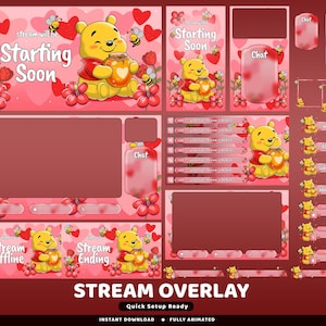 May include: A digital stream overlay set featuring a yellow bear character holding a honey pot, surrounded by red hearts, red flowers, and bees. The graphics include text elements such as Starting Soon, Stream Offline, Stream Ending, and Chat labels.