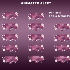 May include: A set of 14 animated alert overlays for digital streaming, featuring a dark purple gradient background with a geometric pattern, decorated with white cherry blossom flowers and small star icons, labelled with text like superchat and new follower.