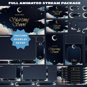 Moonlight Dream Animated Stream Package, Stream Layout, OBS Setup Kit, Celestial Moon Twitch Overlay, Dreamy Clouds, Night Sky, Luxury Gold