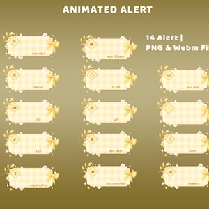May include: A set of 14 animated alert overlays featuring a light yellow gingham pattern, decorated with gold bows, leaves, and small white flowers. Each rectangular frame includes a unique icon and text labels like superchat, new follower, and new raid.