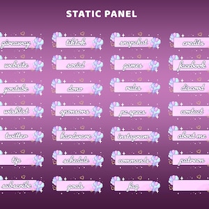 Pode incluir: Uma coleção de painéis estáticos retangulares sobre um fundo degradê roxo. Cada botão rosa claro apresenta texto branco em cursivo, pequenas estrelas brilhantes e um ícone decorativo de pata azul e rosa no lado direito da etiqueta.