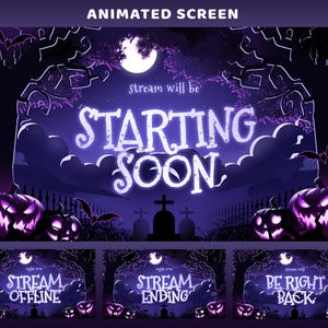 May include: A digital animated screen graphic featuring a purple graveyard scene with glowing jack-o'-lanterns, bats, and a full moon. The text reads "stream will be STARTING SOON," "STREAM OFFLINE," "STREAM ENDING," and "BE RIGHT BACK."