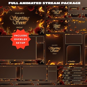Pacchetto di animazione per streaming "Rose fiammeggianti", layout per lo streaming, pronto per la configurazione di OBS Streamlab, lussuosa fiamma di rosa gotica, elegante overlay di fuoco di rose per Twitch