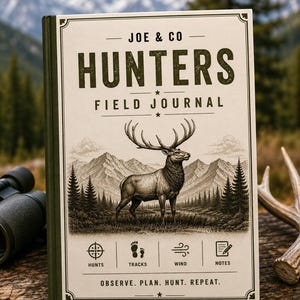 Op de afbeelding: Een notitieboek met harde kaft in crèmekleur met een donkergroene illustratie van een eland in een berglandschap. De tekst luidt JOE & CO HUNTERS FIELD JOURNAL, met iconen voor HUNTS, TRACKS, WIND en NOTES, en OBSERVE. PLAN. HUNT. REPEAT.
