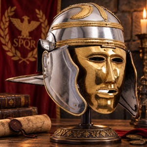 Roman Cavalry Face Mask Helmet, Steel Brass Legionary Helm on Stand, Handmade Ancient Armor Replica, LARP SCA Gift for Him