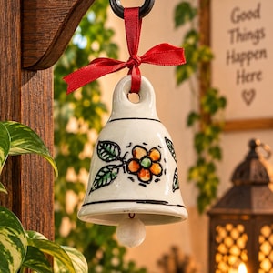 Könnte beinhalten: Eine weiße Keramikglocke mit einer handgemalten orangefarbenen Blume, grünen Blättern und schwarzen Umrandungen. Die Glocke hängt an einem dunklen Metallhaken an einem leuchtend roten Schleifenband. Ein kleiner weißer Klöppel hängt in der Öffnung.