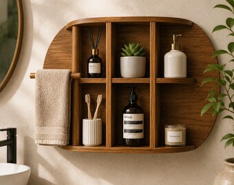 Gepersonaliseerde badkamerplank van teakhout, 36 x 24 x 7 inch wandorganizer met handdoekstang, houten badkameropbergruimte, Sagwan Wood Decor
