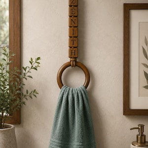 May include: A wall-mounted wooden towel holder featuring a vertical stack of six square blocks engraved with the letters Z, E, N, I, T, H, suspended from a circular wooden ring that holds a folded, textured, sage green hand towel.