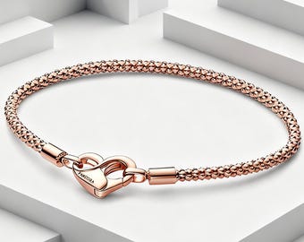 Roségouden armband in Pandora-stijl, armband met slangenketting van 925 sterling zilver en hartvormige sluiting, sieraad, cadeau voor vrouwen
