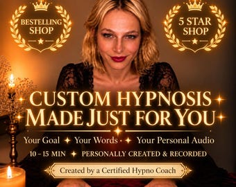 Könnte beinhalten: Eine digitale Grafik mit einer Person mit blondem Haar in einem schwarzen Spitzenoberteil. Der Text lautet: CUSTOM HYPNOSIS MADE JUST FOR YOU, BESTELLING SHOP, 5 STAR SHOP, Your Goal, Your Words, Your Personal Audio, 10-15 MIN, Created by a Certified Hypno Coach.