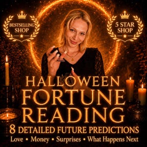 Może przedstawiać: Usługa wróżenia na Halloween z osobą trzymającą karty, z tekstem: BESTSELLING SHOP, 5 STAR SHOP, HALLOWEEN FORTUNE READING, 8 DETAILED FUTURE PREDICTIONS, Love, Money, Surprises, What Happens Next, na tle świecącego pomarańczowego tła.