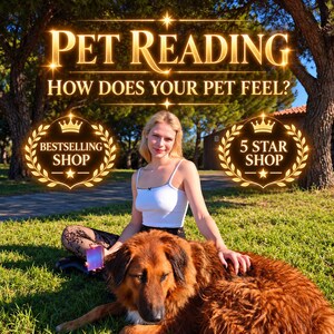 May include: A person with blonde hair wearing a white tank top sits on green grass next to a large brown dog. The image features gold text reading PET READING HOW DOES YOUR PET FEEL? and two gold laurel wreath emblems labeled BESTSELLING SHOP and 5 STAR SHOP.