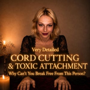 May include: A person with blonde hair wearing a black lace top, positioned behind text that reads Very Detailed CORD CUTTING & TOXIC ATTACHMENT Why Can't You Break Free From This Person? The scene is illuminated by the warm glow of a nearby candle.