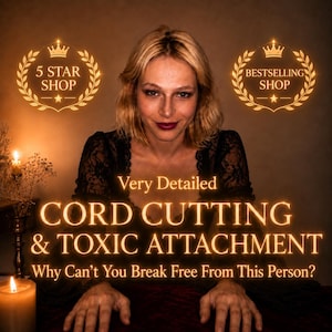 May include: A person with blonde hair wearing a black lace top, positioned behind a table with a lit candle. Text overlays read: 5 STAR SHOP, BESTSELLING SHOP, Very Detailed, CORD CUTTING & TOXIC ATTACHMENT, Why Can't You Break Free From This Person?