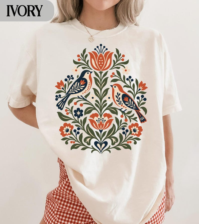 Scandinavian Folk Art Bird Comfort Colors® T-shirt, Cottagecore Floral ...