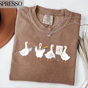May include: A brown t-shirt featuring a graphic of four white geese performing scientific experiments. One goose holds an abacus, another holds a prism with a rainbow, a third holds a magnet, and the fourth points to a diagram of an atom on a board.