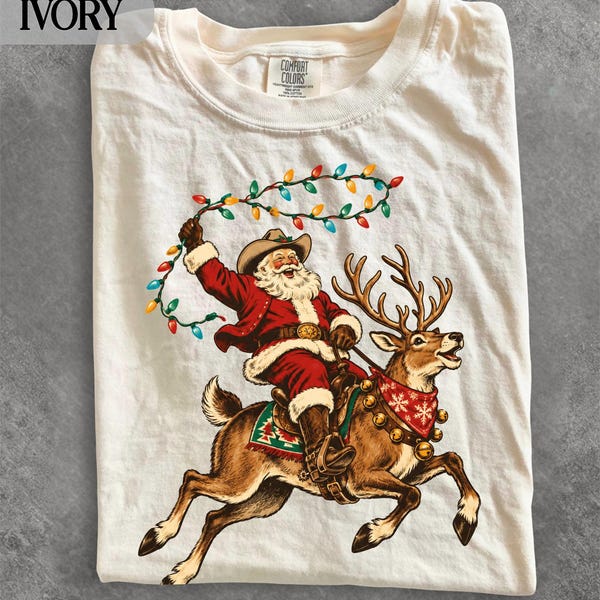 Vintage Western Santa Retro Cowboy Christmas Comfort Colors® T-Shirt, Rodeo Holiday Sweatshirt