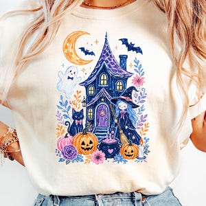 Söt häxig Halloween-hus PNG, kuslig Cottagecore digital konst, akvarell häxa, svart katt, spöke och pumpor, sublimeringsgrafik för hösten