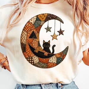 Patchwork Halloween Moon PNG T-Shirt Design, Vintage Fall Black Cat Sublimation Graphic, Country Pumpkin Crescent Moon Digital Download