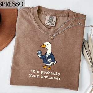 May include: A brown crewneck t-shirt featuring a graphic of a white duck wearing a blue blazer, holding a glucose meter and a clipboard. Below the duck, the text reads, "it's probably your hormones." The shirt has a Comfort Colors brand label.