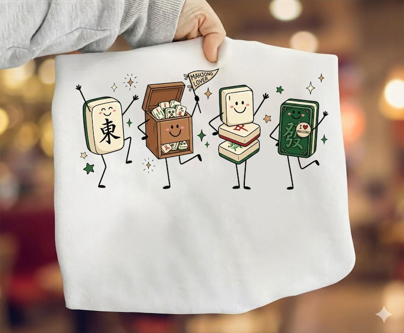 Four anthropomorphic mahjong tiles with faces and arms, one holding a "Mahjong Lover" flag.