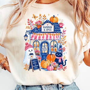 Cozy Pumpkin Spice Cafe Halloween Ghost Cat Fall Digital Download PNG Design - Autumn Vibes Watercolor Art Digital