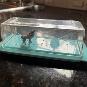 Midcentury Modern plastic butter tray turquoise and clear 1960s
