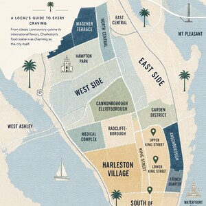 May include: A map titled The Best RESTAURANTS IN CHARLESTON, SOUTH CAROLINA, featuring colour-coded neighbourhoods like Harleston Village, West Side, and East Side. It includes icons for palm trees, a sailboat, and location pins along King Street.