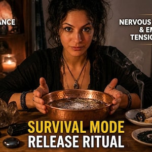 Könnte beinhalten: Eine Kupferschale mit Wasser und Kräutern steht auf einem Holztisch, umgeben von weißen Kerzen, dunklen Kristallen und einem rauchenden Salbeibündel. Der Text lautet: HYPERVIGILANCE RESET, NERVOUS SYSTEM SAFETY & EMOTIONAL TENSION CLEARING, SURVIVAL MODE RELEASE RITUAL.