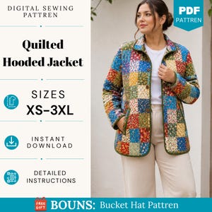 May include: A digital sewing pattern for a quilted hooded jacket in sizes XS-3XL. The jacket features a multi-colored patchwork floral design with green trim, a button-front closure, and long sleeves. Includes instant download and detailed instructions.