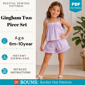 May include: A digital sewing pattern for a gingham two-piece set, including a top and shorts. The text reads: DIGITAL SEWING PATTREN, Gingham Two-Piece Set, Age 6m-10year, INSTANT DOWNLOAD, DETAILED INSTRUCTIONS, PDF PATTREN, BOUNS: Bucket Hat Pattren.