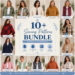 May include: A digital bundle of 10+ sewing patterns for outerwear, featuring images of various garments including zip jackets, quilted jackets, vests, ponchos, shackets, and long coats, with text reading 10+ Sewing Patterns BUNDLE.