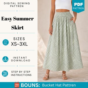 Op de afbeelding: Een digitaal naaipatroon voor een eenvoudige zomerrok in maten XS-3XL, inclusief directe download en stapsgewijze instructies. De afbeelding toont een lange rok met hoge taille in een lichtgroen en wit vichy-ruitpatroon met zakken.