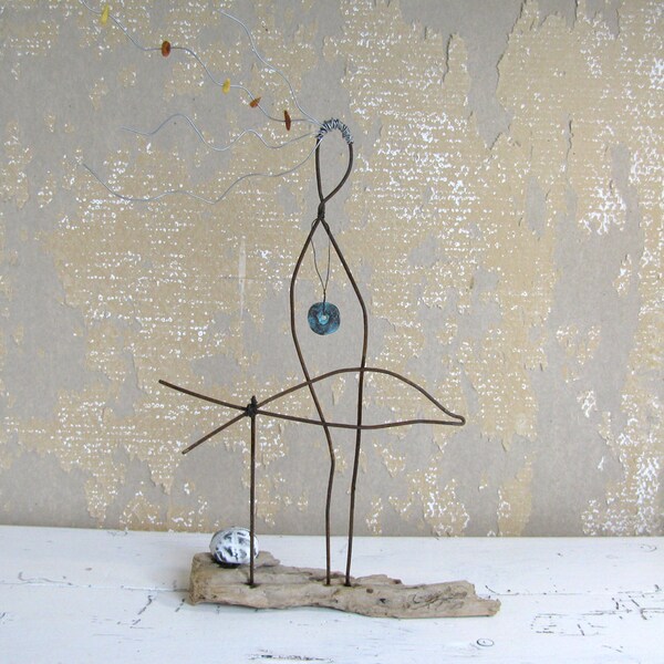 Woman and the Dolphin Wire Sculpture Mixed Media Driftwood Art Goddess of the Sea
