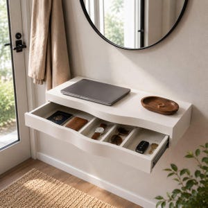 Op de afbeelding: Een witte zwevende wandconsole met een brede lade verdeeld in vier vakken. Het bovenoppervlak bevat een gesloten grijze laptop en een kleine ovale houten schaal met een ring. De lade bevat een paspoort, portemonnee, horloge, zonnebril, autosleutel en een metalen sleutel.