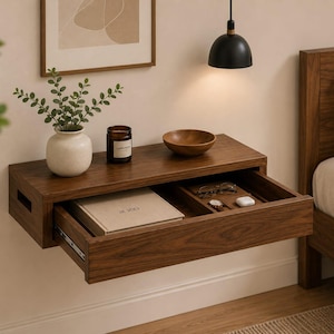 Op de afbeelding: Een aan de muur gemonteerd zwevend nachtkastje van donker hout met een uitschuifbare lade. Het bovenoppervlak bevat een witte keramische vaas met groen blad, een kleine bruine kaars en een houten kom. De lade bevat een boek en diverse accessoires.