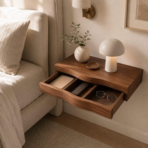 Puede incluir: Una mesita de noche flotante montada en la pared, hecha de madera oscura con un cajón extraíble dividido en tres compartimentos. El cajón contiene un pequeño cuaderno, un mando a distancia y unas gafas de montura metálica fina.