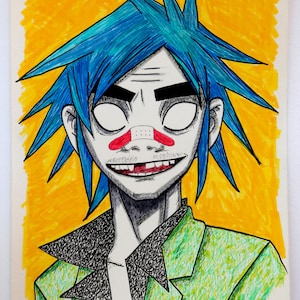 May include: A hand-drawn illustration of a character with spiky blue hair, white eyes, and a bandage across the nose. The character has a wide grin with missing teeth, wearing a green jacket with a black collar against a bright yellow background.