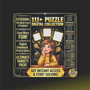 Könnte beinhalten: Eine digitale Sammlung von 111+ Futoshiki-Rätseln mit einer Grafik einer Person am Schreibtisch mit Gitterrätseln, Zahlen und Symbolen. Der Text enthält '111+ PUZZLE DIGITAL COLLECTION', 'FUTOSHIKI: The Next Level of Sudoku!' und 'GET INSTANT ACCESS'.