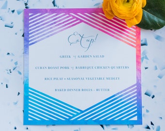 Bright and Modern Watercolor Wash Wedding Menu Card, Custom Geometric Wedding Menu Sign, Personalized Wedding Buffet, Square Menu Cards