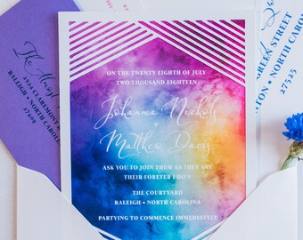 Bright and Modern Watercolor Wedding Invitation Kit, Custom Geometric Invitation Suite Set, Personalized Color Wash Wedding Stationery Set